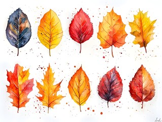 Obraz premium Vibrant Autumn Leaf Collection with Watercolor Splatters on White Background for Festive Seasonal Decor and