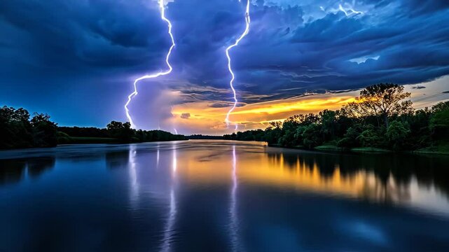 A large storm is gathering over a river, creating a dramatic scene with dark clouds and turbulent waters, Lightning reflecting off a glassy river