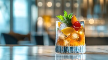 A stylish cocktail garnished with colorful fruit and mint leaves, served over ice cubes in an elegant glass, all against a clean white backdrop to emphasize the drink's freshness.