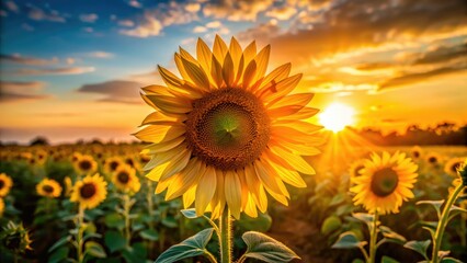 Summer's golden hour bathes a sunflower in backlight; a low-angle shot reveals its radiant bloom in stunning nature photography.