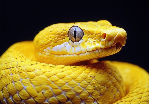 Close-up of a Vibrant Yellow Python with Intricate Scale Patterns Against a Dark Background, Showcasing Natural Beauty and Fascination of Reptiles