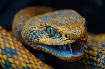 Obraz premium Close-Up of a Vibrantly Colored Yellow and Black Snake with Sharp Fangs and Textured Scales, Captured in Stunning Detail Against a Dark Background