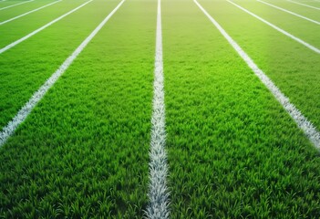 Obraz premium Empty green grass soccer field with white marking lines. Sport background. Detailed view of vibrant green turf. Ideal for sports design. Great for digital wallpaper. Empty field ready for action. No