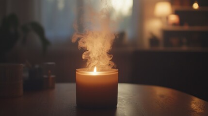 A time-lapse style image of smoke rising from a candle wick, showcasing the gradual change and dance of the smoke in soft candlelight, adding a cozy feel.