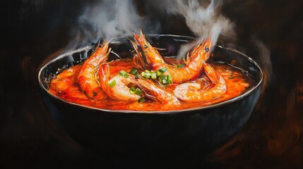 A tantalizing image of a bowl of  with steam rising, showcasing the vibrant red broth and succulent shrimp, emphasizing the dish's irresistible aroma and flavors.