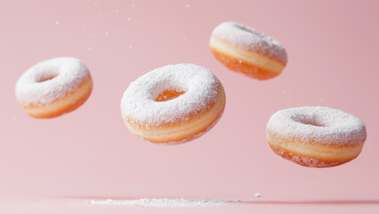 Schwebende Berliner oder Donuts mit Puderzucker, Karneval Gebäck isoliert vor rosa Hintergrund