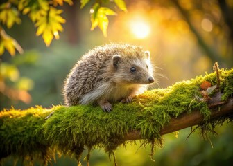 Tiny hedgehog perched on a branch, a charming wildlife photo perfectly framed by the rule of thirds.
