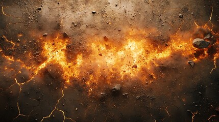 A fiery explosion erupts from the ground, creating a dramatic scene of chaos and destruction.