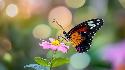 Fototapeta premium Colorful butterfly on pink flower in garden with bokeh background.
