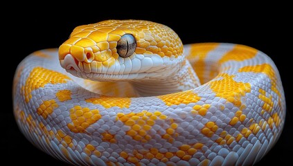 Obraz premium Close-up View of a Beautiful Yellow and White Python with Unique Scales and Hypnotic Eyes Against a Dark Background