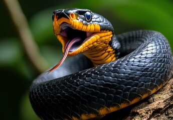 Naklejka premium Close-Up View of a Black and Yellow Snake with Tongue Flicking in a Lush Green Environment, Showcasing Intricate Textures of Scales and Vivid Colors