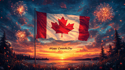 A Canadian flag is featured, set against a sunset with fireworks and a city skyline.