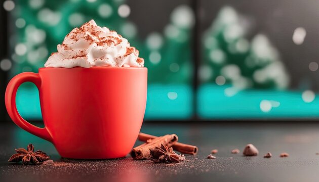 A cozy red mug filled with whipped cream and chocolate, surrounded by spices, against a blurred festive background.