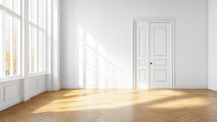 Fototapeta premium A sparsely furnished white room is bathed in soft natural light, creating a serene and tranquil atmosphere.