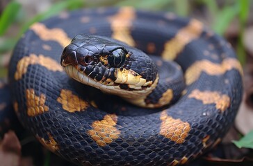 Fototapeta premium Close-Up View of a Colorful Snake with Black and Orange Scales in Its Natural Habitat Surrounded by Green Vegetation and Earthy Background Elements