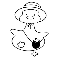 Cute cartoon duck on a white background. Black and white illustration. Children's drawing