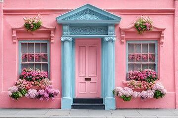 Pink House With Blue Doorway And Pink Flowers