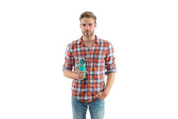 Young man in checkered shirt hold sport water bottle for drinking when thirsty isolated on white