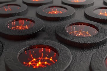 Abstract futuristic design with glowing connections in circular panels
