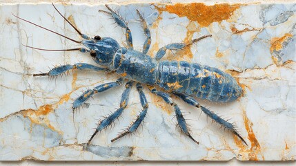 Close-up of a blue and gold insect specimen on marble.