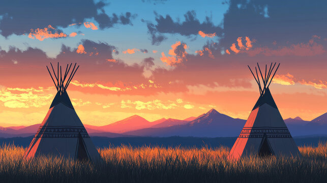 beautiful, A minimalist digital painting of two tepees in the grasslands, with mountains and a sunset sky in the background, creating an atmospheric scene.