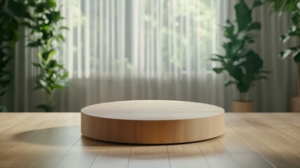 A wooden podium elegantly placed on a table in a spacious, well-lit conference room.
