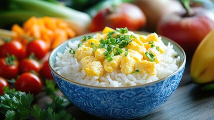 A vibrant breakfast scene featuring a bowl of rice with scrambled eggs, alongside fresh vegetables and fruits, emphasizing a wholesome start to the day