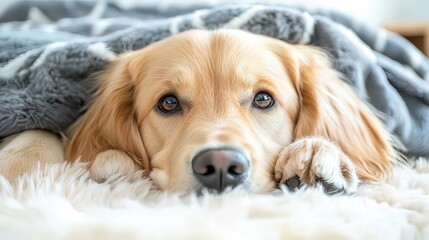 Cute golden retriever dog lying on a fluffy white rug under a grey blanket, looking directly at the camera.