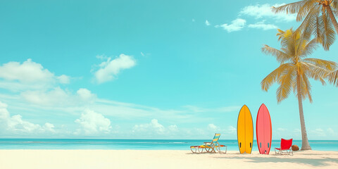 Goldener Strand,blaues Meer, blauer Himmel und weiße Wolken, ein paar Kokospalmen auf dem Sand und Strandstühle, Surfbretter, Schwimmringe, bunt 