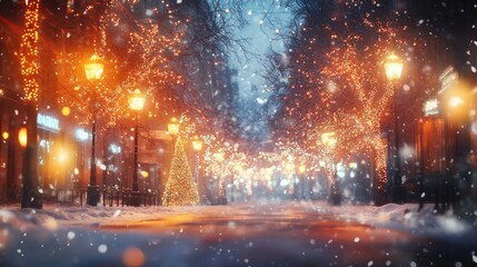 Fototapeta premium Christmas Eve in a snowy city street, with bright trees casting a warm glow and blurred holiday lights creating a dreamy, abstract winter background