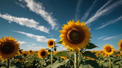 Fototapeta premium sunflower wallpaper,A vibrant sunflower field stretching under a bright blue summer sky
