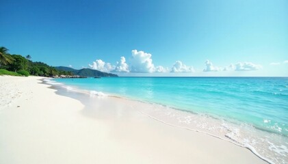 Fototapeta premium Soft white sand, gentle waves, clear blue sky, distant island silhouette, tropical, peaceful