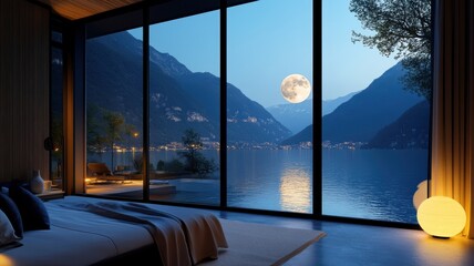 Fototapeta premium Serene bedroom with stunning lake view, inviting tranquility and relaxation in a peaceful retreat.
