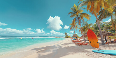 Goldener Strand,blaues Meer, blauer Himmel und weiße Wolken, ein paar Kokospalmen auf dem Sand und Strandstühle, Surfbretter, Schwimmringe, bunt 