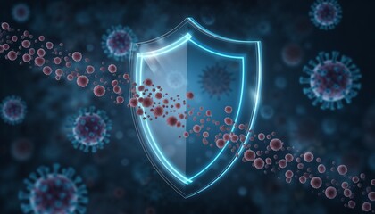 picture of a transparent shield with a blue glow deflecting tiny virus particles bouncing off its surface against a dark background