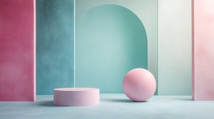 Fototapeta premium Abstract background geometric shapes and lines in pastel pink, light blue and green colours