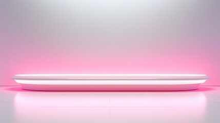 A glowing pink neon circle floating above a white backdrop, emitting a futuristic light. The neon creates soft reflections and diffused pink hues on the clean white surface, giving a modern and atmosp