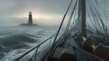beautiful, The view from the bow of an old sailing ship, with thick fog and waves in front of you. In the distance, a faintly visible lighthouse on a small island, in the early morning light.