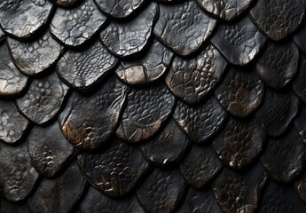 Detailed Close-Up of Textured Black Leather Scales Showcasing Vibrant Patterns and Unique Shades for Artistic and Creative Use in Various Design Projects