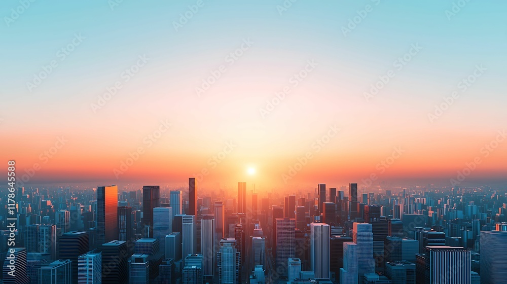 Wall mural a breathtaking city skyline at sunrise, with vibrant colors illuminating the buildings and creating 