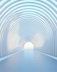 A serene, white tunnel with curved arches leading to a bright light, creating a modern and minimalist atmosphere.