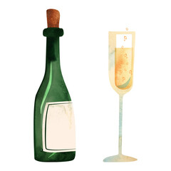 Green glass sparkling wine bottle with white blank label and champagne glass. Winemaking, restaurant business, alcohol for wedding or holiday. Isolated watercolor illustration.