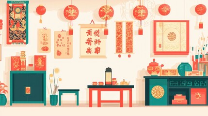 Vibrant Chinese New Year Decor with Lanterns, Wall Art, and Traditional Elements to Celebrate Festivities in an Elegant and Colorful Style