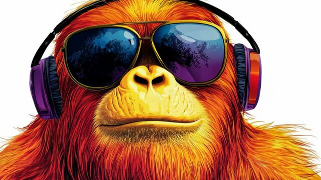 Stylish orange monkey wearing sunglasses and headphones enjoys vibrant music outdoors