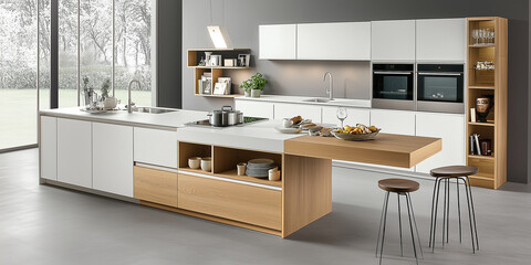 Luxuri&ouml;se K&uuml;che, wei&szlig;e Eiche, wei&szlig;e und graue Farben, mattes und erdiges Gef&uuml;hl, minimalistisches indisches Design