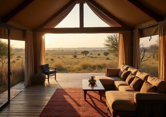 Relaxing inside a spacious lodge with stunning views of the savanna at sunset