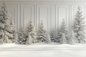 Fototapeta premium Winter Wonderland: Snow-Covered Christmas Trees Against a Classic White Paneled Wall