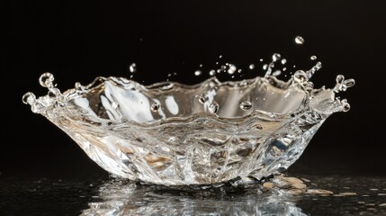 Clear water droplets splashing against a black background, capturing the energy and freshness of water in an abstract, striking composition