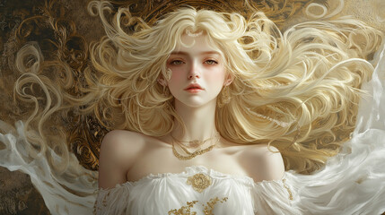 Fototapeta premium A blonde woman with long curly hair, wearing an elegant white dress and gold jewelry.