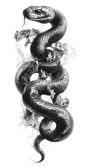 Intricate Black and White Illustration of a Majestic Snake Surrounded by Ethereal Smoke and Detailed Scale Patterns Capturing Nature's Beauty